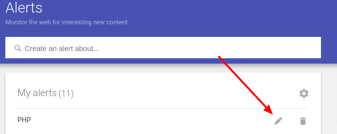 Edit icon in Google Alerts to edit the keywords.