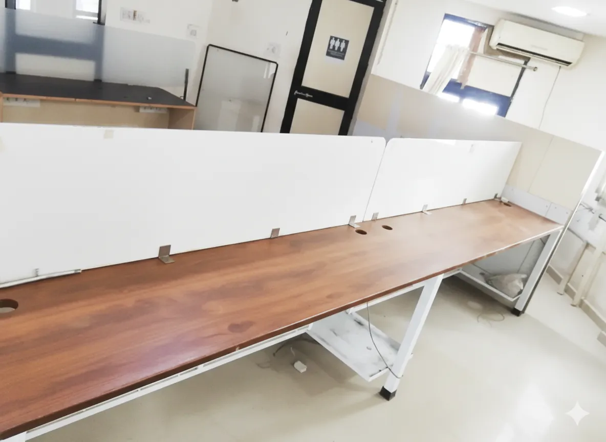 Minimalist workstation setup in office on rent on Ashram Road: Light wood desks with white fabric partitions, under-desk storage, cable management, nearby AC and restroom. Clean tiled flooring for small teams.
