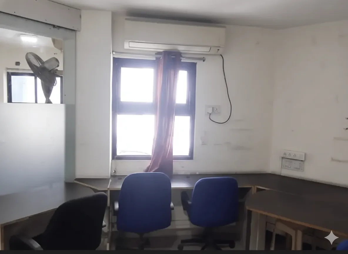 Spacious linear workstations in office on rent on Ashram Road: Frosted glass partitions, wooden desks, blue chairs, AC, ceiling fan, windows with curtains. Ideal for 6-8 person open collaboration.
