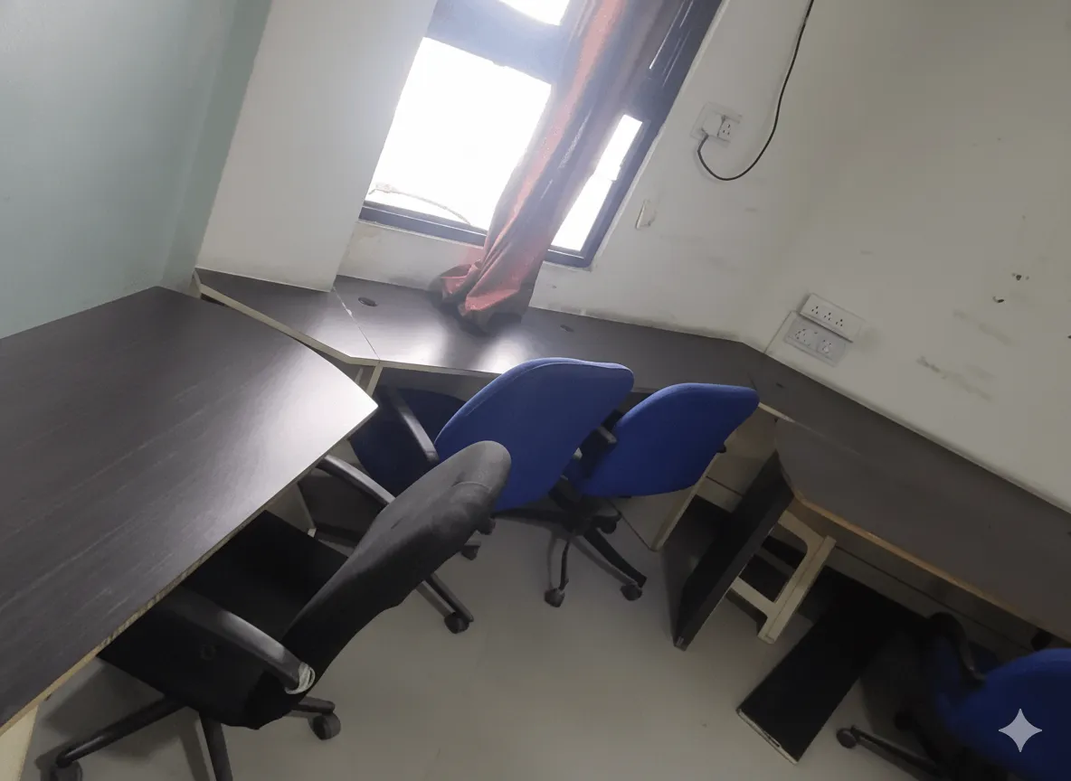 Modern corner workstation in office on rent on Ashram Road: L-shaped dark wood desk, 2 blue swivel chairs, large window with orange curtains, blue walls, tiled floor. Ideal for 1-2 professionals.