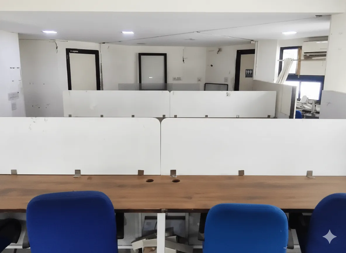 Central workstation cluster in office on rent on Ashram Road: White partitions, wooden desks with grommets, blue swivel chairs, open layout with nearby cubicles—optimized for shared productivity.