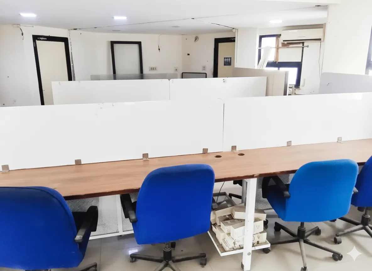 Cozy corner office nook in office on rent on Ashram Road: Dark wooden desks, blue and black chairs, frosted partition, maroon curtain on window, AC unit, fan—great for focused individual work.