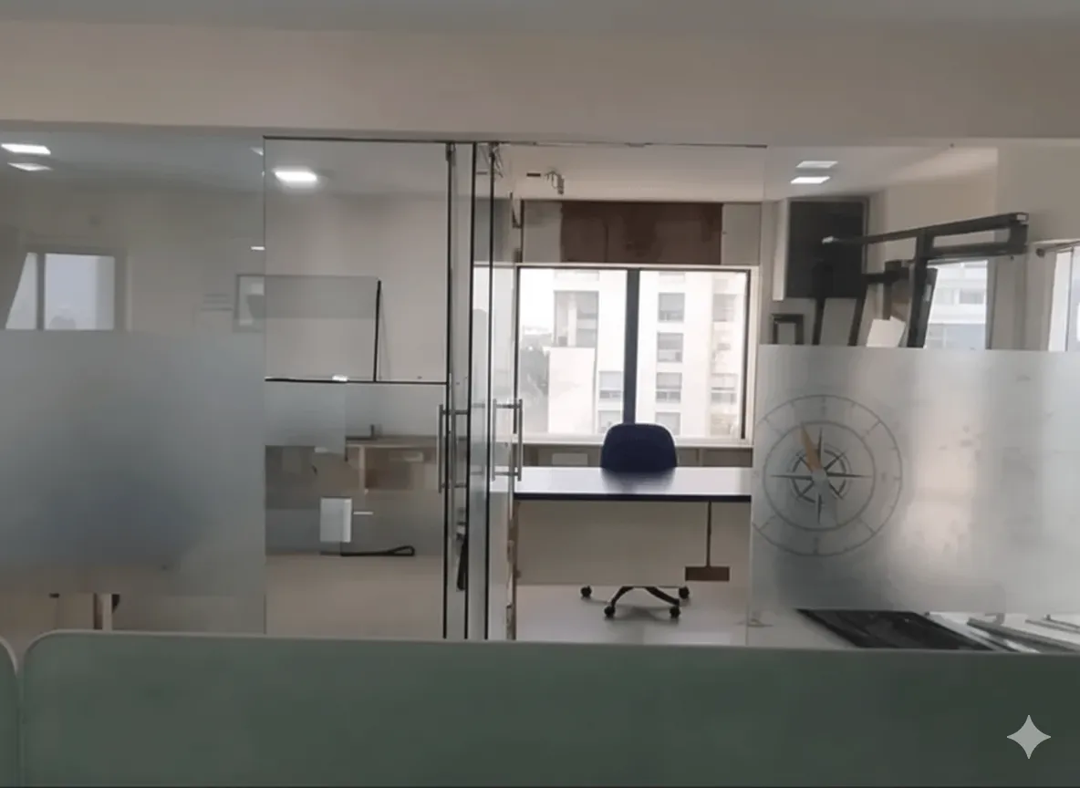Cabins in office on rent on Ashram Road: White partitions, wooden desks with cable management, blue swivel chairs, under-desk storage, clean tiled flooring for productive small teams.