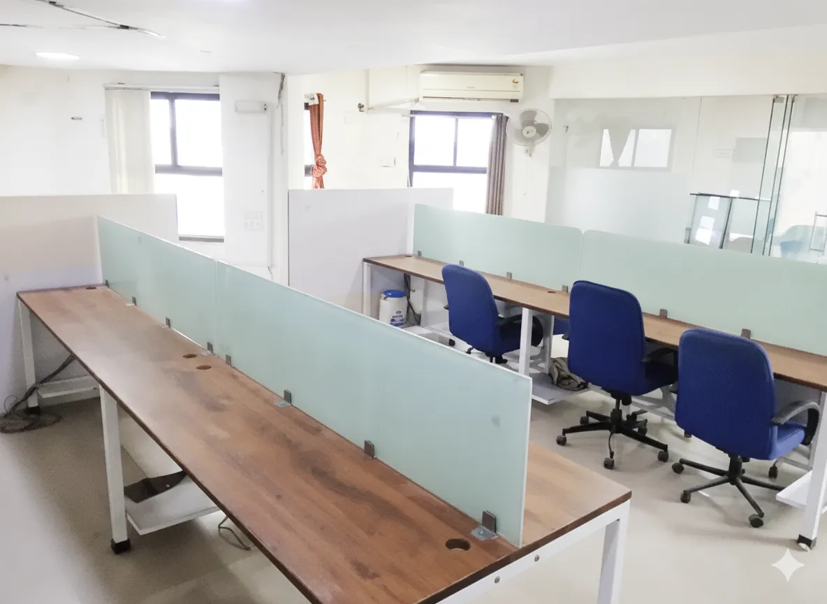 Modular cubicle array in office on rent on Ashram Road: White dividers, wooden desks, blue chairs, storage units, adjacent restroom doors, bright lighting for versatile team configurations.