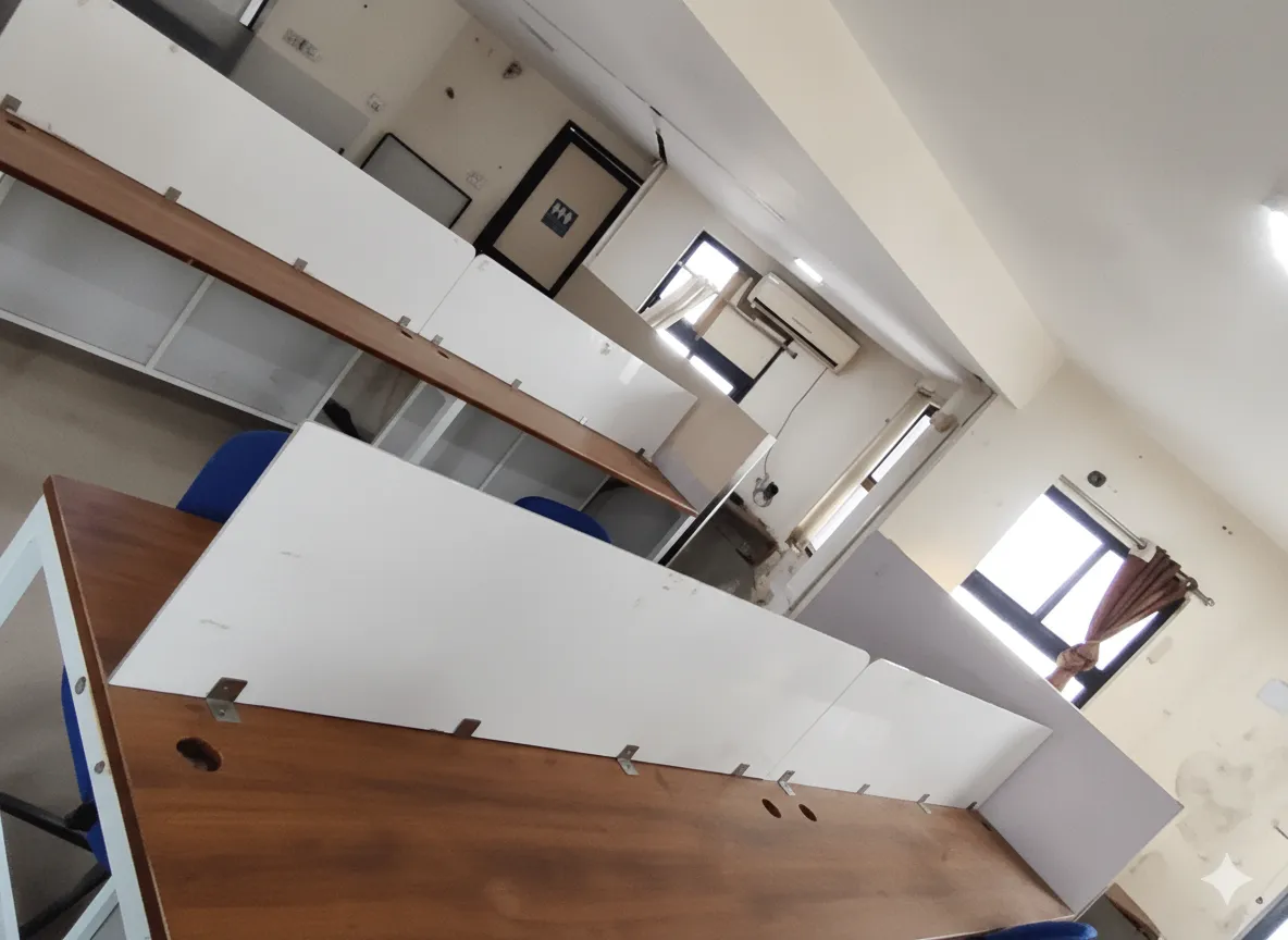 Collaborative row of workstations in office on rent on Ashram Road: Wooden desks with white partitions, blue chairs, AC unit, windows with curtains, nearby restroom door. Suited for 15 team members.