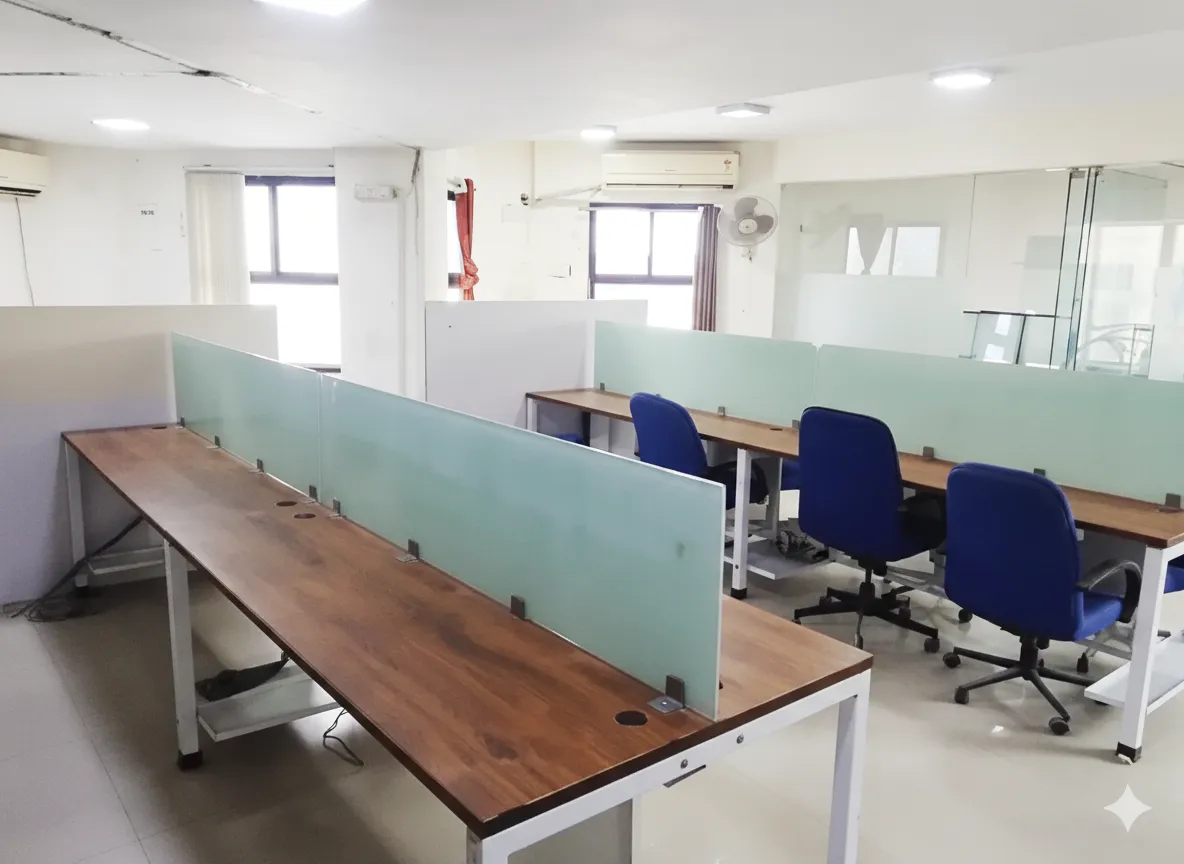 Glass-enclosed workstation for 15+ team members in office on rent on Ashram Road: Central blue chair at wooden desk, frosted partitions with compass motif, large window, minimalist design for professional discussions.